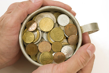 Image showing Old aluminum mug and coins.