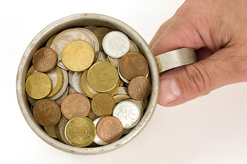 Image showing Old aluminum mug and coins.