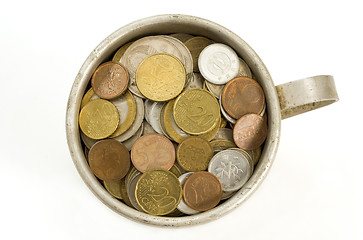 Image showing Old aluminum mug and coins.