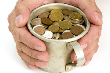 Image showing Old aluminum mug and coins.