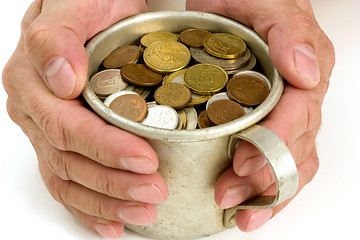 Image showing Old aluminum mug and coins.