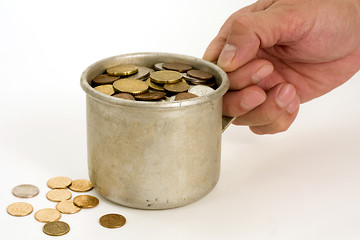 Image showing Old aluminum mug and coins.