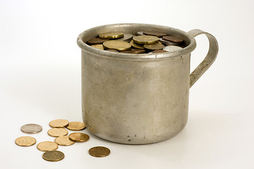 Image showing Old aluminum mug and coins.