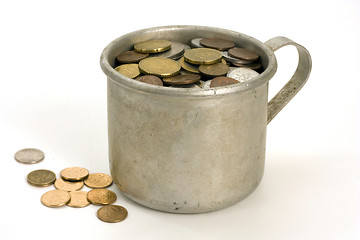 Image showing Old aluminum mug and coins.