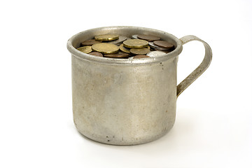 Image showing Old aluminum mug and coins.