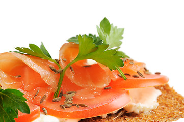 Image showing Snack. Bread with feta cheese and salmon.