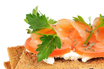 Image showing Snack. Bread with feta cheese and salmon.