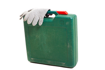 Image showing tool box with gloves isolated on white