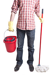 Image showing man holding a bucket and mop