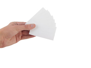 Image showing Hand holding many business cards