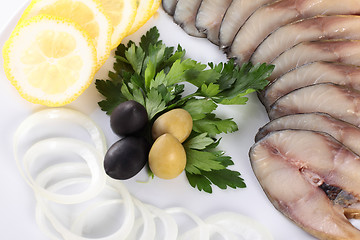 Image showing fish with vegetables,anion olives