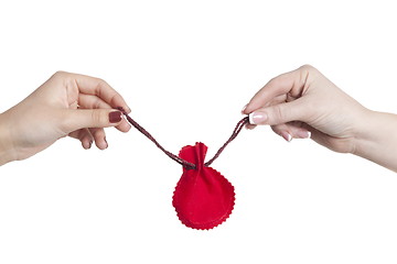 Image showing two woman hands hold Christmas gift bag