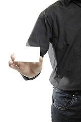 Image showing man holding a blank card isolated