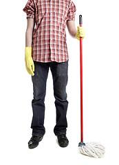 Image showing man holding mop in gloves isolated