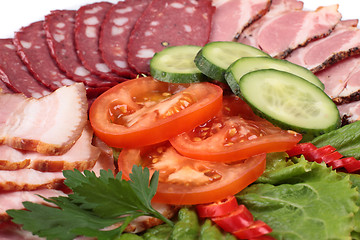 Image showing various sliced sausages with vegetables
