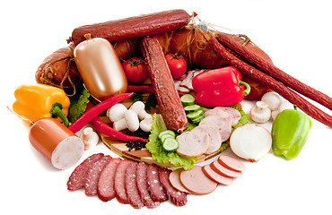 Image showing sliced sausages with vegetables and red papper