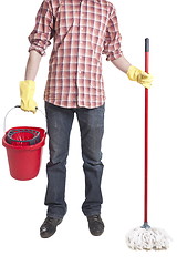 Image showing Young sweeping man workwear. Isolated