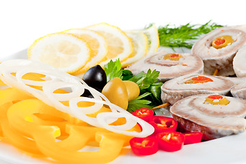 Image showing fish with vegetables and olives