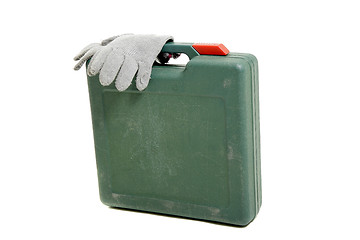 Image showing tool box with gloves isolated on white