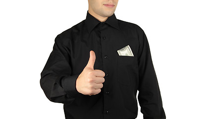 Image showing Businessman with money in pocket showing okay sign