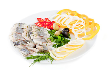 Image showing fish with vegetables and olives