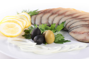 Image showing fish with vegetables,anion olives