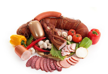 Image showing sliced sausages with vegetables and red papper