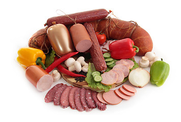 Image showing sliced sausages with vegetables and red papper