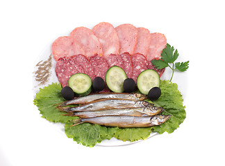 Image showing meat and fish on plate