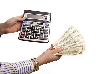 Image showing calculator and 500 dollars in hands