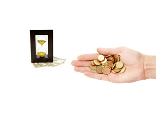 Image showing time is money composition with hand coins