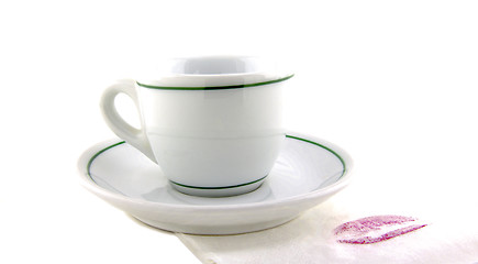 Image showing cup of tea and napkin with women kiss