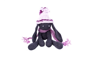 Image showing Beautiful knitted toy rabbit. hand-made souvenirs