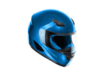 Image showing blue, shiny motorcycle helmet Isolated on white background