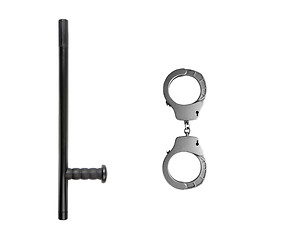 Image showing Rubber baton lying and handcuffs on a white background