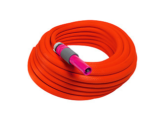 Image showing red garden hose with nozzle