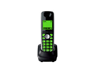 Image showing Wireless green telephone with cradle isolated