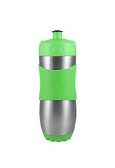 Image showing Green metal camping water bottle isolated on white.
