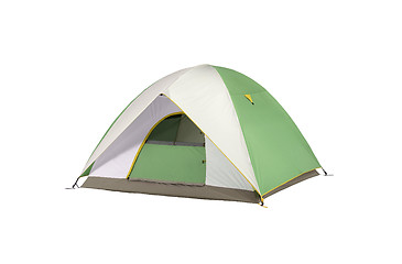 Image showing an isolated camping tent green and white in a white background