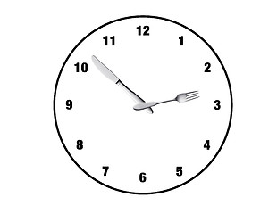 Image showing Clock made of spoon and fork, isolated on white background