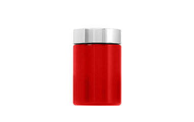 Image showing Empty red glass bottle standing on white background