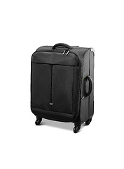 Image showing Modern convenient suitcase on castors on a white background