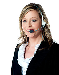 Image showing Smiling female operator. Close up shot