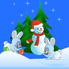 Image showing Two white hare and the Snowman