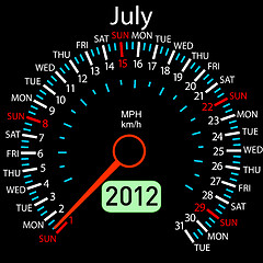 Image showing 2012 year ñalendar speedometer car in vector. July.