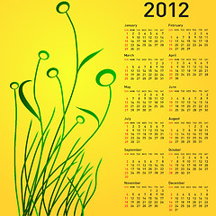 Image showing Stylish calendar with flowers for 2012. Week starts on Sunday.