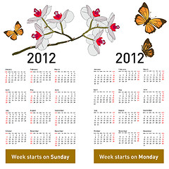 Image showing Stylish calendar with flowers and butterflies for 2012. Week sta