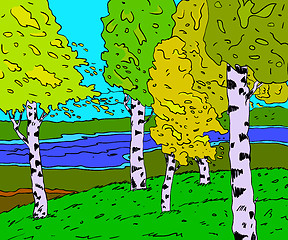 Image showing River in a birch forest in autumn