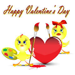 Image showing Two chickens on the Valentine's day paint heart