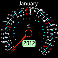 Image showing 2012 year ñalendar speedometer car in vector. January.